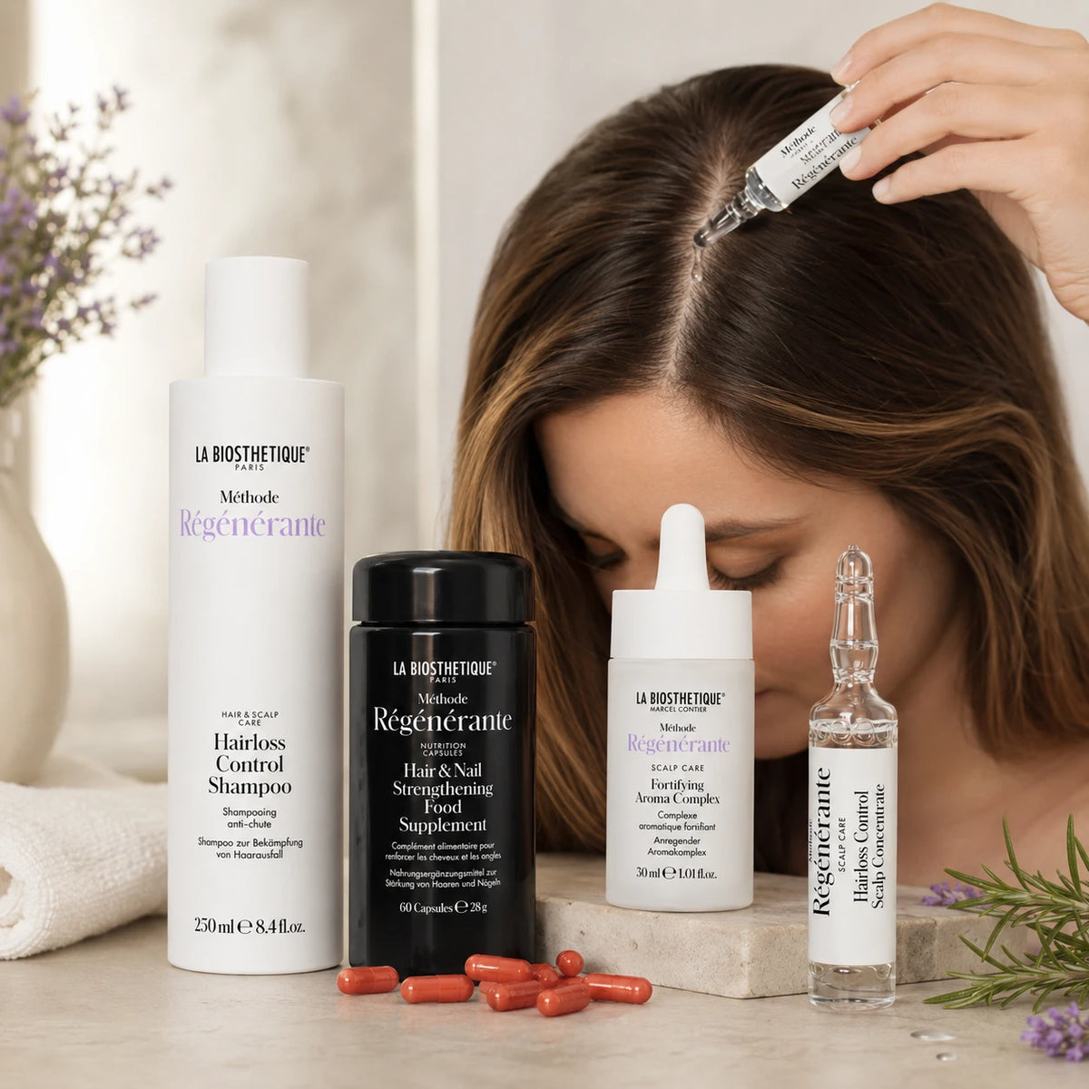Routine anti-chute de cheveux : densité et force visibles
